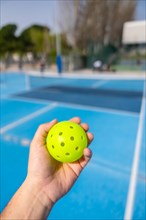 Vertical photo of a hand holding yellow pickleball ball