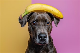 Funny dog with banana fruit on head in front of purple and yellow studio background. KI generiert,
