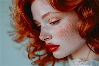 Face of beautiful woman with freckles, red hair and glamorous makeup.KI generiert, generiert, AI