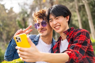 Close-up of a multiracial gay couple gesturing success while taking selfie in a park
