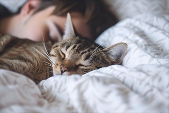 Cute tabby cat sleeping with human in bed. KI generiert, generiert, AI generated