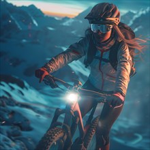 Cyclist riding through a snowy mountain scene at dusk, AI generated