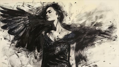 Dark wings envelop the calm pose of a woman, as a drawing full of power and energy, raven woman,