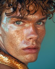 Male with copper glitter on face and intense stare, blurry teal turquoise solid background, beauty