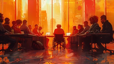 Futuristic meeting with a diverse group around a round table, cityscape in the background, AI