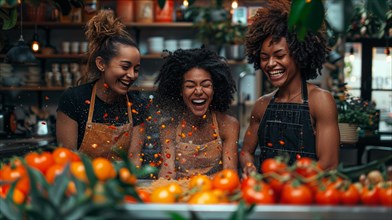 Friends in aprons laughing joyfully amid flying tomatoes while cooking a vegetarian receipt, AI