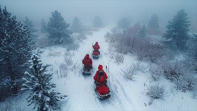 Three snowmobiles riding in a line through a foggy, snowy forest, AI generated