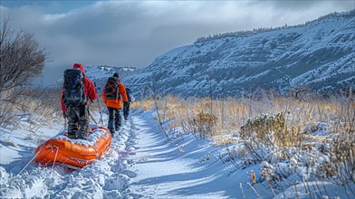 Hikers pulling a sled on a snowy trail equipped with winter gear, AI generated