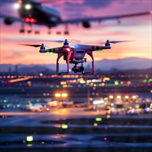 A drone with red lights hovers in front of a landing aircraft at night, drone, attack, AI generated