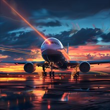 A plane stands on a wet runway at sunset with a dramatic sky, laser attack on a commercial