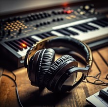 Professional headphones in the recording studio. Music and sound concept. Generative AI image, AI