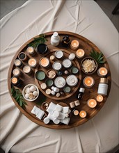 Top view of a wooden tray arranged with spa treatment products, candles, and natural elements,