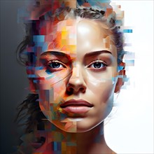 AI generated human portrait transitioning from lifelike human to a pixelated digital effect