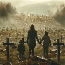 A mother with two children holding hands in a foggy cemetery, war, war graves, military cemetery,
