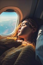 A young woman sleeps peacefully by a sunlit aeroplane window, AI generated, AI generated