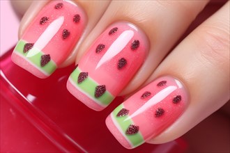 Woman's fingernails with melon nail art design. KI generiert, generiert, AI generated