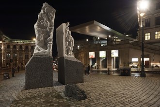 Night shot of the memorial against war and fascism, 1988, by Alfred Hrdlicka, 1928-2009, on the