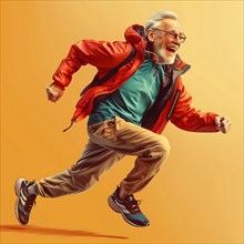 A cheerful senior in a red jacket walks stylishly in front of an orange background, run, start,