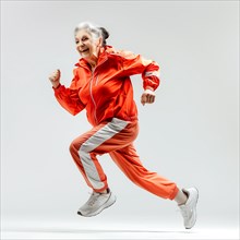Energetic older woman in a red sports suit runs joyfully on a white background, run, start, advert,