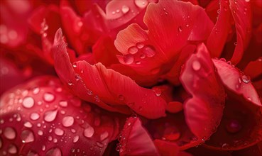 Close-up of a red peony with raindrops glistening on its petals AI generated