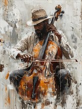 Gritty textured painting of a street musician playing the cello with an urban feel, AI Generated,