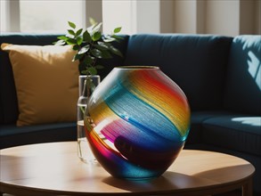 Colorful vases on a table in a modern living room. ai generative, AI generated