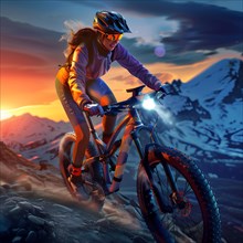 Cyclist on a mountain bike at sunset in a snowy mountain landscape, AI generated