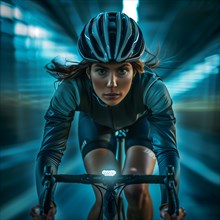 Cyclist in an illuminated tunnel at full speed, AI generated