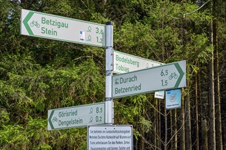 Signpost in the landscape conservation area, Kemptner Wald, Allgaeu, Swabia, Bavaria, Germany,