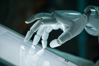 Whire robitic artificial intelligence hand on digital computer tablet. KI generiert, generiert, AI