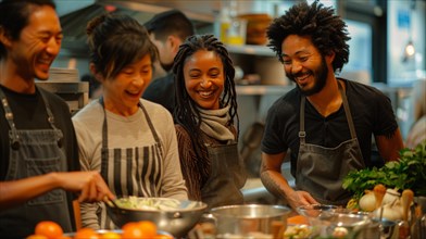 A diverse group of friends share a moment of joy while cooking together in a kitchen, AI generated