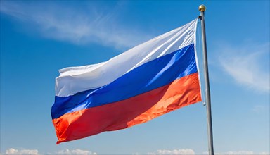 The flag of Russia flutters in the wind, isolated against a blue sky