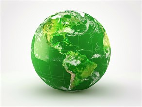 Illustration of a simplified green globe, focusing on continents with a white background, ai