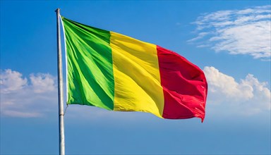 The flag of Mali, fluttering in the wind, isolated, against the blue sky
