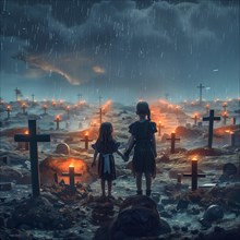 Two children stand in an illuminated cemetery under a rainy sky, war, war graves, military
