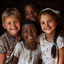 Four children smiling in an intimate embrace and demonstrating their friendship, group picture with