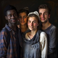 A cosy group portrait of four young people smiling harmoniously and showing a connection, group