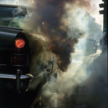 A black car emits thick clouds of exhaust fumes on a road, smoke develops in and around a car, AI
