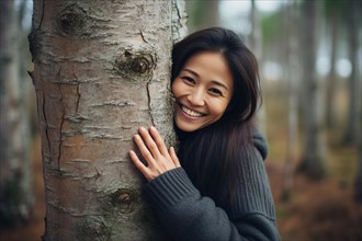 Young Asian woman hugging tree. KI generiert, generiert, AI generated