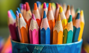 Close-up of a bunch of colored pencils, abstract background with colored pencils macro view AI