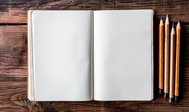 A sketchbook open to a blank page with graphite pencils beside it AI generated