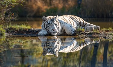 A white tiger lounging gracefully by a tranquil pond AI generated