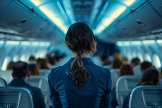 Back view of stewardess in blue uniform in airplane. KI generiert, generiert, AI generated