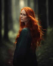 Beautiful redhead girl with long curly hair in a dark forest. ai generative, AI generated