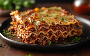 A hearty slice of beef lasagna garnished with parsley, AI Generated, AI generated