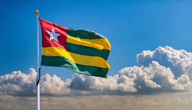 The flag of Togo flutters in the wind, isolated against a blue sky
