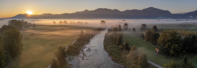 Aerial view, river with fog in front of mountains, panorama, sunrise, backlight, summer, Loisach,