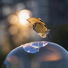 Butterfly settles down on a frozen bubble, AI generated