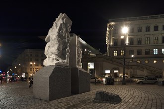 Night shot of the memorial against war and fascism, 1988, by Alfred Hrdlicka, 1928-2009,