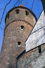 Brick tower of St Blasius Church, Kaufbeuern, Allgaeu, Swabia, Bavaria, Germany, Europe